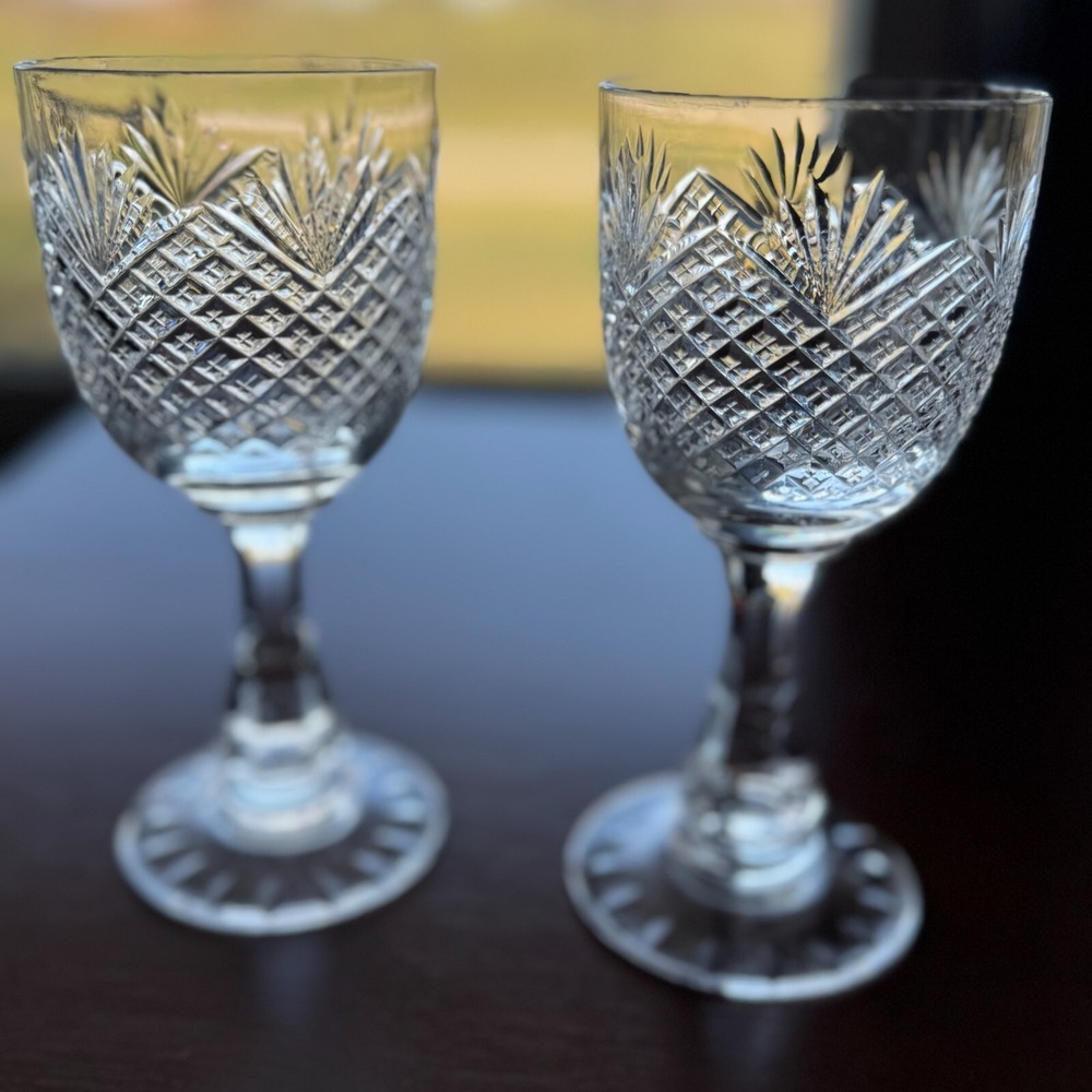Vintage Diamond & Fan Water Small Goblet Wine Glasses ~ Set‎ of 2 ~ Brilliant
